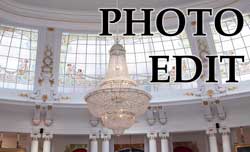 Left image is a dark photo of the chandelier in the Royal Lounge of Hotel Negresco in Nice, France. On the right is the same image after it has been edited and brightened in Photoshop